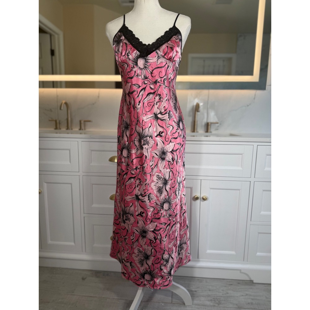 August Silk Nightgown Women S Pink Black Floral Lace Trim Vintage Rare 100% Silk